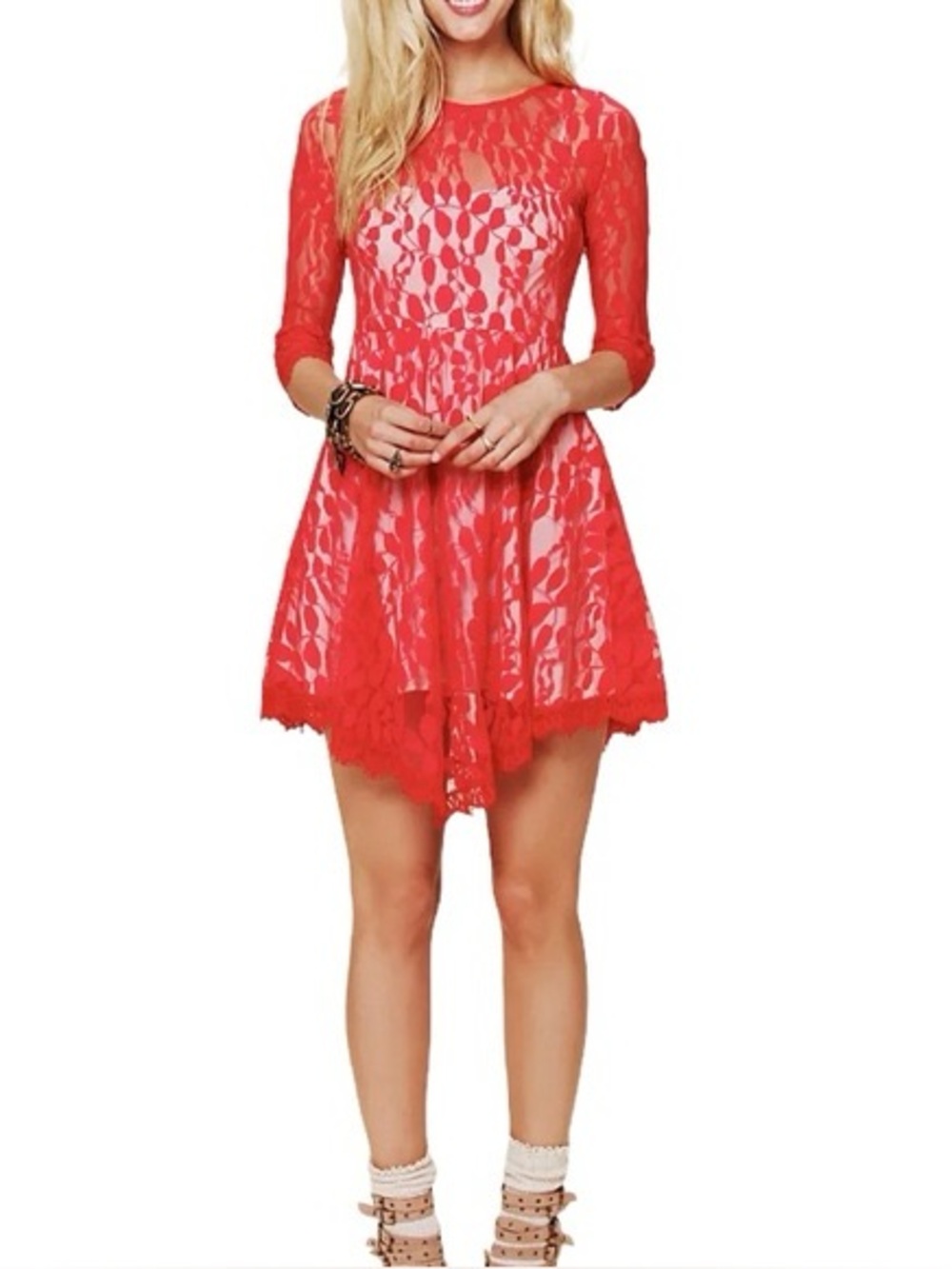 Free People Red Floral Lace Overlay Fit & Flare Dress w/Asymmetrical Hem Boho 4